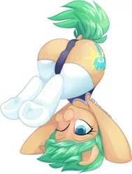 Size: 2795x3704 | Tagged: artist:zombie, clothes, derpibooru import, dock, female, handstand, hooves, oc, oc:khimi, one-piece swimsuit, plot, socks, solo, solo female, stockings, suggestive, swimsuit, thigh highs, underhoof, unofficial characters only, upside down, wink