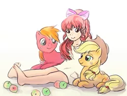 Size: 729x550 | Tagged: apple, apple bloom, applejack, artist:yanabau, barefoot, big macintosh, derpibooru import, feet, food, freckles, human, humanized, lidded eyes, prone, safe, sitting, smiling