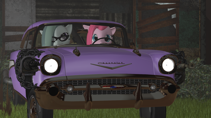 Size: 1920x1080 | Tagged: 3d, 57 chevy, bel air, car, chevrolet, chevrolet bel air, derpibooru import, female, grenade machinegun, marble pie, minigun, pie sisters, pie twins, pinkamena diane pie, pinkie pie, safe, source filmmaker, vehicle