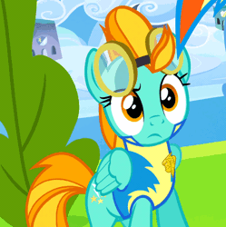 Size: 442x443 | Tagged: safe, derpibooru import, screencap, lightning dust, rainbow dash, pegasus, pony, wonderbolts academy, angry, animated, clothes, cropped, duo, female, goggles, irritated, lead pony badge, lip bite, mare, raised eyebrow