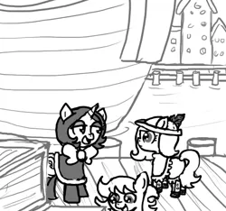 Size: 640x600 | Tagged: safe, artist:ficficponyfic, derpibooru import, oc, oc:emerald jewel, oc:joyride, oc:ruby rouge, unofficial characters only, earth pony, pony, unicorn, colt quest, adult, boat, bowtie, building, child, clothes, colt, crate, crates, excited, female, filly, foal, harbor, hat, horn, male, mare, ship, story included, water, wood
