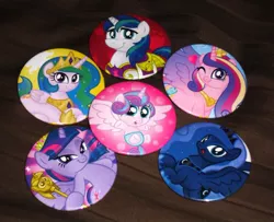 Size: 1023x831 | Tagged: safe, artist:aleximusprime, derpibooru import, princess cadance, princess celestia, princess flurry heart, princess luna, shining armor, twilight sparkle, twilight sparkle (alicorn), alicorn, pony, spoiler:s06, alicorn pentarchy, button, button's, female, looking at you, mare, pinback buttons