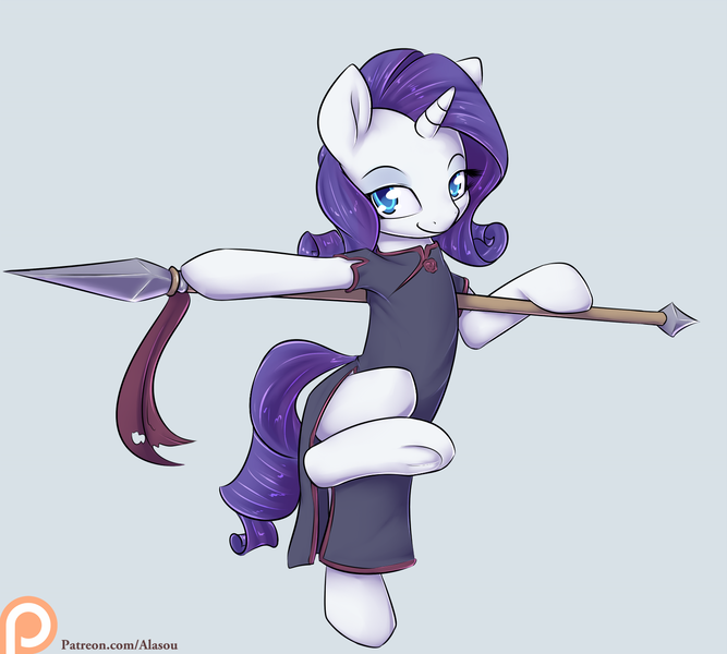 Size: 1500x1350 | Tagged: safe, artist:alasou, deleted from derpibooru, derpibooru import, rarity, pony, bipedal, cheongsam, clothes, looking at you, martial artist rarity, patreon, patreon logo, simple background, smiling, solo, spear, underhoof, weapon