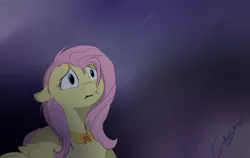 Size: 1024x649 | Tagged: safe, artist:rutkotka, derpibooru import, fluttershy, pegasus, pony, cheated, confused, disappointed, element of kindness, elements of harmony, emotional, floppy ears, looking at something, lost, messy mane, open mouth, rain, solo, stray strand, wings down