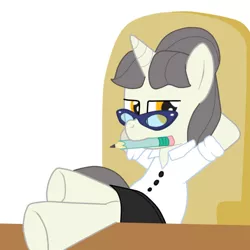 Size: 650x650 | Tagged: arms from behind, artist:lion-grey, clothes, crossed legs, derpibooru import, glasses, hoofs on table, mouth hold, oc, oc:short fuse, pencil, safe, secretary, shirt, sit, skirt, solo, unofficial characters only, welcome home twilight