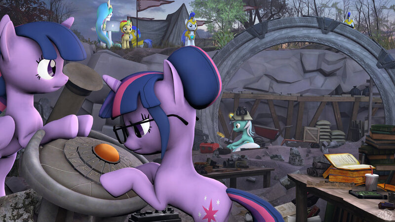 Size: 1024x576 | Tagged: safe, artist:maxressor, derpibooru import, lyra heartstrings, princess celestia, sci-twi, sunset shimmer, twilight sparkle, twilight sparkle (alicorn), ponified, alicorn, pony, unicorn, fanfic:anthropology, 3d, archaeology, book, computer, drink, evening, female, flag, hair bun, laptop computer, macbook, magic, mare, ponified humanized pony, royal guard, self ponidox, source filmmaker, stargate, telekinesis, tent, toolbox, twolight, unicorn sci-twi