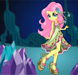 Size: 621x599 | Tagged: safe, artist:kimpossiblelove, derpibooru import, fluttershy, equestria girls, legend of everfree, camp fashion show outfit, clothes, dress, looking at you, solo