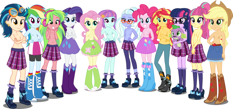 Size: 5500x2588 | Tagged: questionable, artist:xebck, derpibooru import, edit, edited edit, applejack, fluttershy, indigo zap, lemon zest, pinkie pie, rainbow dash, rarity, sci-twi, sour sweet, spike, spike the regular dog, sugarcoat, sunny flare, sunset shimmer, twilight sparkle, dog, equestria girls, friendship games, absurd resolution, adorasexy, belly button, boots, breasts, canterlot high, clothes, collar, cowboy boots, cowboy hat, crossed arms, crystal prep academy, crystal prep academy uniform, crystal prep shadowbolts, cute, cutie mark, cutie mark clothes, cutie mark hair accessory, delicious flat chest, denim skirt, dog tags, ear piercing, earring, female, females only, flat chest only, flat zest, flatchestity, flatcoat, flatjack, flatlight sparkle, flattershy, freckles, glasses, goggles, group, hair bun, hairpin, hand on hip, hat, headband, headphones, humane five, humane seven, humane six, indigo flat, jeans, nipples, nude edit, nudity, pants, partial nudity, partial nudity edit, pet tag, piercing, pigtails, pinkie flat, ponytail, puppy, rainbow flat, raised leg, reasonably sized breasts, school uniform, sexy, shadow five, shadow six, shorts, show accurate, simple background, size comparison, skirt, smiling, stetson, strategically covered, sunflat shimmer, sunny flat, tags galore, tan lines, teenager, topless, vector, wall of tags, white background, wondercolts, zapabetes, zestabetes