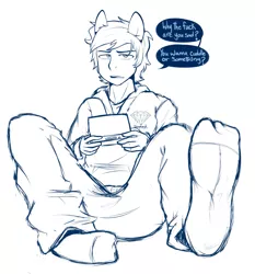 Size: 1163x1250 | Tagged: anthro, artist:higgly-chan, clothes, derpibooru import, feet, hoodie, looking at you, male, male feet, monochrome, nintendo ds, oc, plantigrade anthro, safe, sitting, socks, solo, unofficial characters only, video game, vulgar