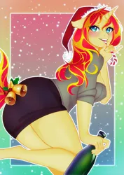 Size: 1413x2000 | Tagged: anthro, artist:slyblue7, bells, blushing, candy, candy cane, clothes, derpibooru import, female, food, hat, holly, santa hat, solo, solo female, suggestive, sunset shimmer, unguligrade anthro, wine bottle