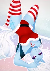 Size: 1413x2000 | Tagged: anthro, armpits, artist:slyblue7, between breasts, candy, candy cane, clothes, derpibooru import, female, food, socks, solo, solo female, striped socks, suggestive, trixie