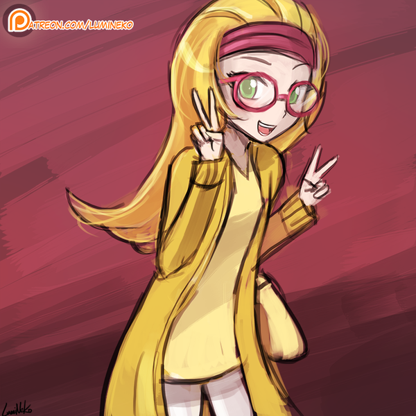 Size: 750x750 | Tagged: safe, artist:lumineko, derpibooru import, honey lemon, human, equestria girls, 30 minute art challenge, big hero 6, bookseller, cute, glasses, headband, humanized, open mouth, patreon, patreon logo, peace sign, solo