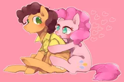 Size: 1024x680 | Tagged: safe, artist:chi-hayu, derpibooru import, cheese sandwich, pinkie pie, earth pony, pony, blushing, cheesepie, clothes, female, heart, hug, male, mare, open mouth, pink background, shipping, simple background, stallion, straight