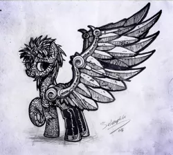 Size: 1857x1663 | Tagged: amputee, artist:selenophile, augmented, bedroom eyes, boots, clothes, derpibooru import, looking at you, looking back, messy mane, oc, pen and ink, prosthetic limb, prosthetics, prosthetic wing, safe, sketchbook, solo, spread wings, underhoof, unofficial characters only