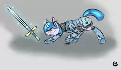 Size: 899x520 | Tagged: safe, artist:cantershirecommons, derpibooru import, oc, oc:sildergale, unofficial characters only, crystal pony, pony, unicorn, armor, colored, crystal guard, crystal guard armor, female, guard, mare, solo, sword, weapon