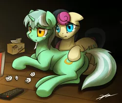 Size: 2000x1692 | Tagged: safe, artist:gasmaskfox, derpibooru import, bon bon, lyra heartstrings, sweetie drops, earth pony, pony, unicorn, crying, dock, duo, remote, remote control, sad, television, tissue, tissue box