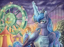 Size: 1024x744 | Tagged: safe, artist:the-wizard-of-art, derpibooru import, fluttershy, princess luna, scootaloo, sweetie belle, alicorn, pony, best princess, carnival, clothes, commission, female, ferris wheel, magic, magic shirt, mare, truth