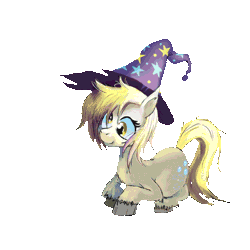 Size: 600x600 | Tagged: safe, artist:mysterimaan, derpibooru import, applejack, derpy hooves, pegasus, pony, animated, apple, applejack becoming an apple, cute, derpabetes, ear twitch, female, food, happy, hat, magic, mare, simple background, sitting, smiling, transparent background, trixie's hat, wingless