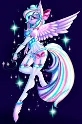 Size: 571x866 | Tagged: adorasexy, anthro, anthro oc, artist:theneithervoid, bow, clothes, collar, commission, corset, cute, derpibooru import, fantasy, female, garter belt, garters, glow, looking at you, magical girl, oc, oc:spirit sparkle, pegasus, sexy, solo, solo female, sparkles, stockings, suggestive, unguligrade anthro, unofficial characters only