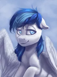 Size: 1001x1331 | Tagged: safe, artist:amishy, derpibooru import, oc, oc:rainy, unofficial characters only, pegasus, pony, bedroom eyes, looking at you, sitting, smiling, solo, spread wings