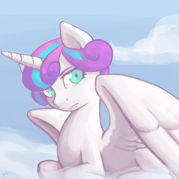 Size: 2000x2000 | Tagged: artist:elzielai, cloud, derpibooru import, looking at you, older, on a cloud, princess flurry heart, safe, solo, spoiler:s06