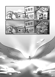 Size: 4441x6213 | Tagged: absurd resolution, artist:elzielai, comic, derpibooru import, flying, impossibly large wings, monochrome, princess flurry heart, safe, spoiler:s06, spread wings, wat