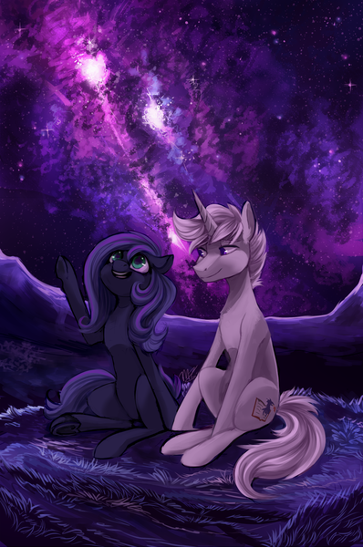 Size: 943x1420 | Tagged: safe, artist:cyanocitta, artist:jitterbugjive, derpibooru import, oc, oc:mythos gray, oc:star dream, unofficial characters only, pegasus, pony, unicorn, commission, date, eyes on the prize, female, green eyes, greystar, holding hooves, listening, looking up, male, mare, night, oc x oc, purple eyes, romantic, scenery, scenery porn, shipping, side by side, sideways glance, smiling, stallion, stargazing, starry night, stars, straight, tragic in hindsight