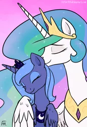 Size: 2395x3484 | Tagged: affection, artist:virtue147, derpibooru import, hug, nuzzling, princess celestia, princess luna, royal sisters, s1 luna, safe, sisterly love, sisters, winghug