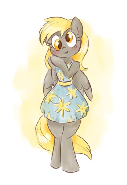Size: 1280x1863 | Tagged: safe, artist:dreamofserenityartz, derpibooru import, derpy hooves, pony, bipedal, blushing, clothes, cute, dress, looking at you, smiling, solo