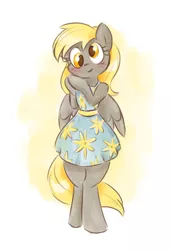 Size: 1280x1863 | Tagged: safe, artist:dreamofserenityartz, derpibooru import, derpy hooves, pony, bipedal, blushing, clothes, cute, dress, looking at you, smiling, solo