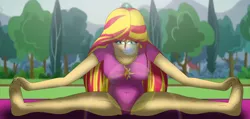 Size: 5240x2493 | Tagged: safe, artist:tyron91, derpibooru import, sunset shimmer, equestria girls, abs, breasts, busty sunset shimmer, cleavage, female, fitness, lens flare, leotard, looking at you, solo, splits, stretching, thunder thighs, yoga mat