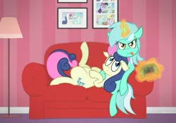 Size: 2077x1457 | Tagged: safe, artist:manual-monaro, derpibooru import, bon bon, lyra heartstrings, lyrica lilac, sweetie drops, twilight sparkle, twilight sparkle (alicorn), alicorn, pony, bon bon is amused, controller, couch, cuddling, female, floppy ears, lamp, lesbian, looking at you, lyrabon, magic, mare, picture frame, shipping, snuggling, steam controller, telekinesis, tongue out