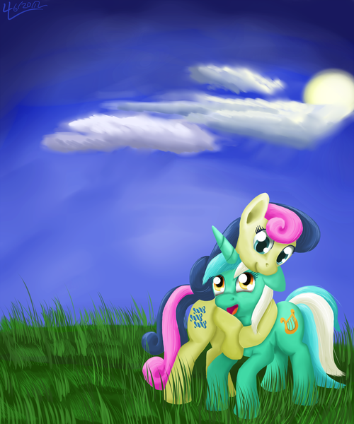 Size: 2000x2400 | Tagged: artist:lukeine, bon bon, cloud, derpibooru import, field, grass, hug, lyra heartstrings, neck hug, safe, sky, sun, sweetie drops