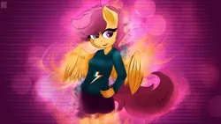 Size: 2560x1440 | Tagged: anthro, artist:enryuuchan, artist:mercurycode, artist:omniscient-duck, artist:portalart, clothes, cutie mark, derpibooru import, long sleeve shirt, older, rainbow dash, safe, scootaloo, shorts, solo, teenager, wallpaper