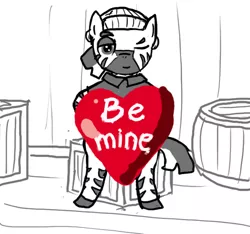 Size: 640x600 | Tagged: adult, artist:ficficponyfic, barrel, box, censor bar, censored, clever censorship, clothes, colt quest, derpibooru import, edit, heart, hearts and hooves day, male, oc, oc:adetokunbo, room, sailor, sitting, smiling, stallion, suggestive, toboggan, unofficial characters only, wink, zebra