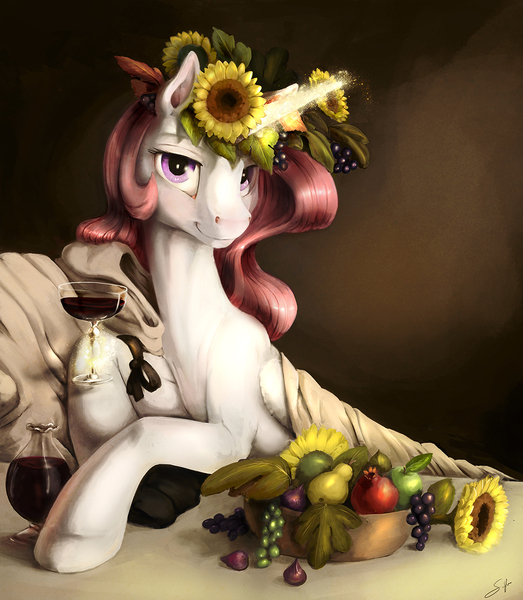 Size: 1046x1200 | Tagged: safe, artist:silfoe, derpibooru import, princess celestia, alicorn, pony, alcohol, bacchus, caravaggio, classic art, female, fine art emulation, fine art parody, flower, flower in hair, food, glass, levitation, magic, mare, michelangelo merisi da caravaggio, pink-mane celestia, smiling, solo, sunflower, telekinesis, wine, wine glass