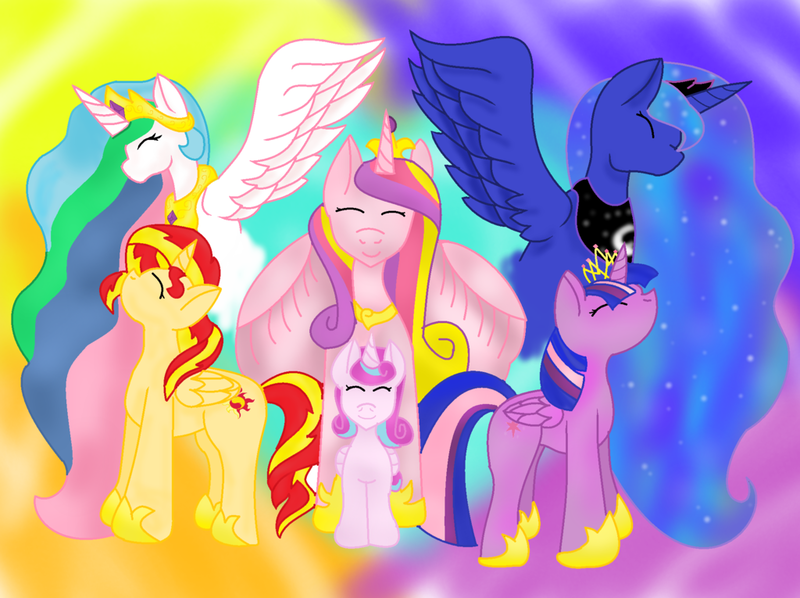 Size: 1024x765 | Tagged: safe, artist:tidalwave322, derpibooru import, princess cadance, princess celestia, princess flurry heart, princess luna, sunset shimmer, twilight sparkle, twilight sparkle (alicorn), alicorn, pony, spoiler:s06, alicorn hexarchy, alicorn pentarchy, alicornified, female, mare, race swap, shimmercorn