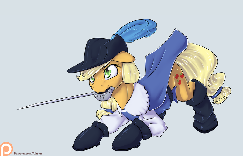 Size: 2100x1350 | Tagged: applejack, artist:alasou, clothes, derpibooru import, hat, mouth hold, musketeer, patreon, patreon logo, rapier, safe, simple background, solo, sword, weapon