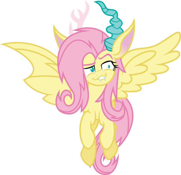 Size: 5198x5023 | Tagged: safe, artist:osipush, derpibooru import, fluttershy, bat pony, draconequus, hybrid, pony, absurd resolution, alternate gender counterpart, draconequified, faic, fangs, female, flutterbat, flutterequus, mare, simple background, smug, solo, species swap, spread wings, transparent background, what has magic done, wings
