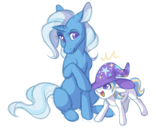 Size: 592x491 | Tagged: safe, artist:nycket, derpibooru import, trixie, oc, oc:moondancer, pony, unicorn, pandoraverse, colt, female, male, mare, next generation, offspring, parent:prince blueblood, parent:trixie, parents:bluetrix, trixie's hat