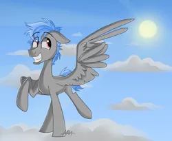 Size: 1024x839 | Tagged: safe, artist:mymineawesome, derpibooru import, oc, oc:cloud tumble, unofficial characters only, pegasus, pony, cloud, cute, floppy ears, grin, hooves, male, on a cloud, prancing, raised hoof, smiling, solo, stallion, standing on cloud, sun, wings