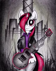 Size: 1024x1304 | Tagged: safe, artist:thechrispony, derpibooru import, oc, oc:blackjack, unofficial characters only, cyborg, pony, unicorn, fallout equestria, fallout equestria: project horizons, fanfic, bipedal, fanfic art, female, guitar, hoofington, hooves, horn, level 1 (project horizons), looking at you, mare, metal, smiling, solo, traditional art