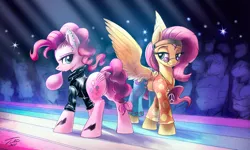 Size: 1500x899 | Tagged: safe, artist:tsitra360, derpibooru import, fluttershy, pinkie pie, earth pony, pegasus, pony, bubblegum, butt, catwalk, clothes, dock, fashion show, featureless crotch, female, food, glasses, gum, hippie, hippieshy, jacket, looking back, mare, pants, plot, punk, punkie pie, runway, signature, smiling, spread wings, the ass was fat