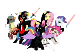 Size: 6241x4185 | Tagged: safe, artist:e-e-r, derpibooru import, applejack, fluttershy, pinkie pie, rainbow dash, rarity, sunset shimmer, twilight sparkle, twilight sparkle (alicorn), alicorn, pony, absurd resolution, boba fett, count dooku, crossguard lightsaber, crossover, dark side, darth maul, darth vader, emperor palpatine, female, general grievous, kylo ren, lightsaber, mane six, mare, simple background, sith, star wars, transparent background, twilight is anakin, weapon