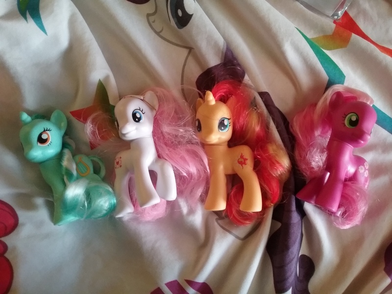 Size: 2592x1944 | Tagged: safe, derpibooru import, cheerilee, lyra heartstrings, nurse redheart, sunset shimmer, pony, bedsheets, brushable, hasbro, toy