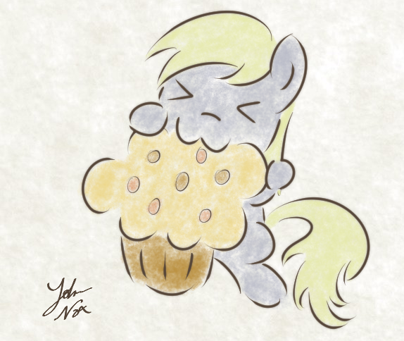 Size: 574x484 | Tagged: safe, artist:noxdrachen, derpibooru import, derpy hooves, pegasus, pony, :3, cute, derpabetes, female, food, mare, muffin, nom, solo, that pony sure does love muffins