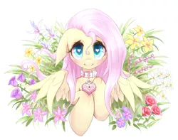 Size: 1280x1008 | Tagged: safe, artist:mlpanon, derpibooru import, fluttershy, pegasus, pony, blushing, collar, cute, daaaaaaaaaaaw, female, floppy ears, flower, heart, heart eyes, heart padlock, keyhole, looking at you, mare, padlock, padlocked collar, questionable source, shyabetes, simple background, smiling, solo, white background, wingding eyes