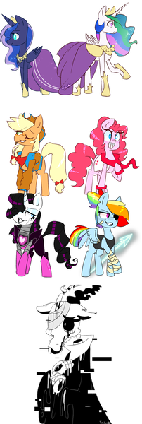 Size: 1024x3046 | Tagged: applejack, artist:sugaryumyum, asgore dreemurr, clothes, costume, crossover, derpibooru import, discord, mettaton, papyrus (undertale), pinkie pie, princess celestia, princess luna, rainbow dash, rainbowdyne, rariton, rarity, safe, sans (undertale), toriel, undertale, undyne, w.d. gaster