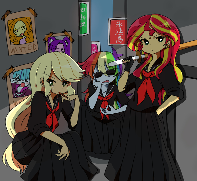 Size: 1200x1108 | Tagged: safe, artist:lotte, derpibooru import, adagio dazzle, applejack, aria blaze, rainbow dash, sonata dusk, sunset shimmer, equestria girls, delinquent, food, hatless, japanese, kanji, missing accessory, piercing, pixiv, pocky, shinai, sukeban, sunglasses, the dazzlings, wanted poster