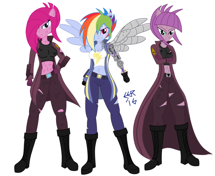 Size: 3939x3224 | Tagged: safe, artist:e-e-r, derpibooru import, maud pie, pinkie pie, rainbow dash, equestria girls, the cutie re-mark, alternate timeline, apinkalypse pie, apocalypse dash, apocalypse maud, augmented, badass, badass longcoat, belly button, cleavage, clothes, crystal war timeline, female, longcoat, midriff, pinkamena diane pie, ponied up, prosthetic limb, prosthetic wing, prosthetics, simple background, transparent background